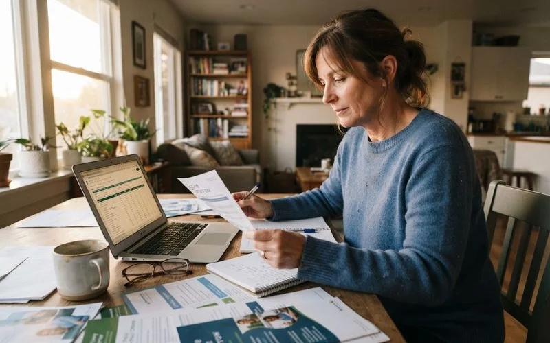 A person reviewing life insurance paperwork and a laptop at a kitchen table, comparing coverage options