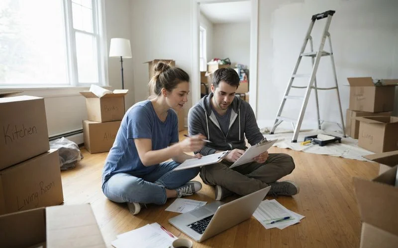 A young couple holding house keys in front of their new home, looking at paperwork