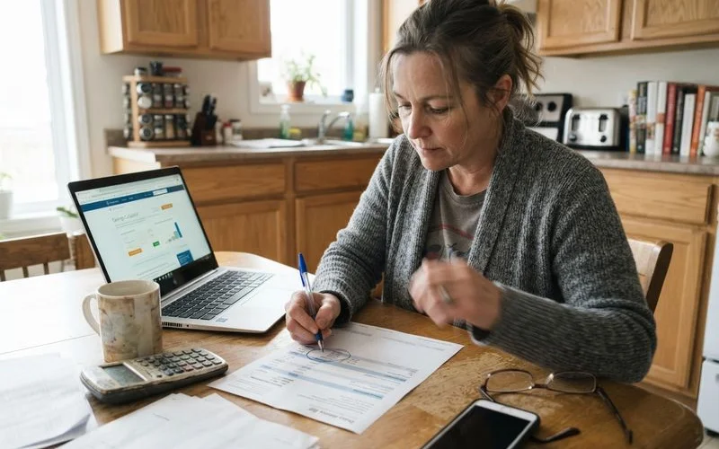 A household reviewing multiple insurance bills and a laptop at a kitchen table
